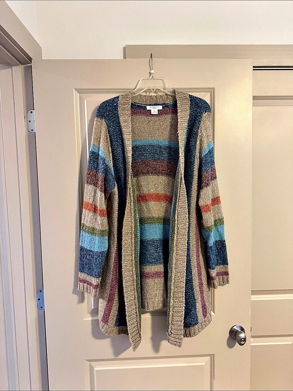 Liz Claiborne Striped Open Front Cardigan Blue & Brown Medium